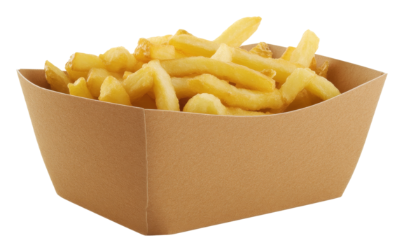 A box of golden french fries in a cardboard container on a transparent background. Fast food and snack concept