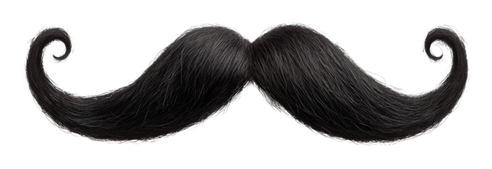 Black curly handlebar mustache, isolated on transparent background. Classic grooming accessory for style and character concept.