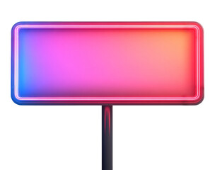 Rectangular neon sign with gradient pink and blue colors on a black pole, isolated on transparent background. Modern advertising and nightlife concept