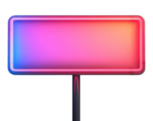 Rectangular neon sign with gradient pink and blue colors on a black pole, isolated on transparent background. Modern advertising and nightlife concept