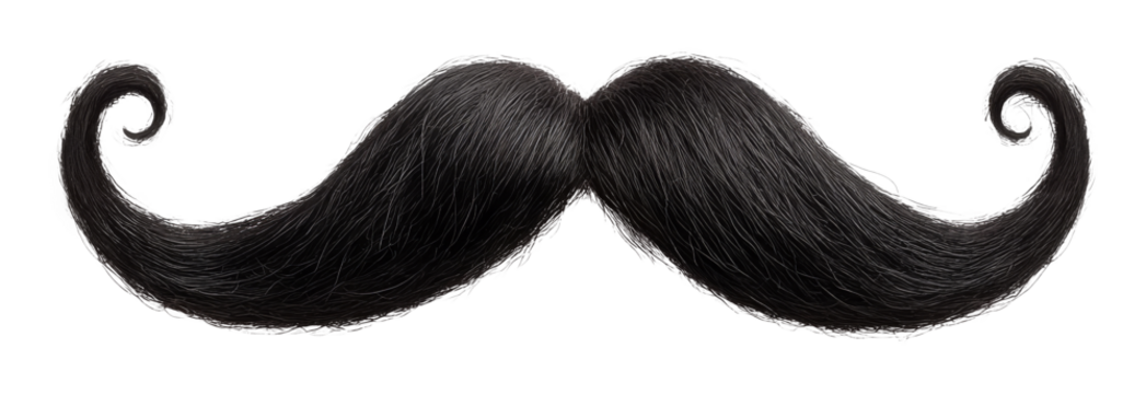 Black curly handlebar mustache, isolated on transparent background. Classic grooming accessory for style and character concept.