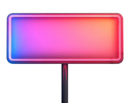 Rectangular neon sign with gradient pink and blue colors on a black pole, isolated on transparent background. Modern advertising and nightlife concept