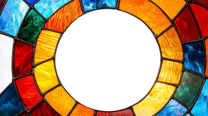 Circular stained glass window with vibrant colors and empty center. Artistic craftsmanship and design concept
