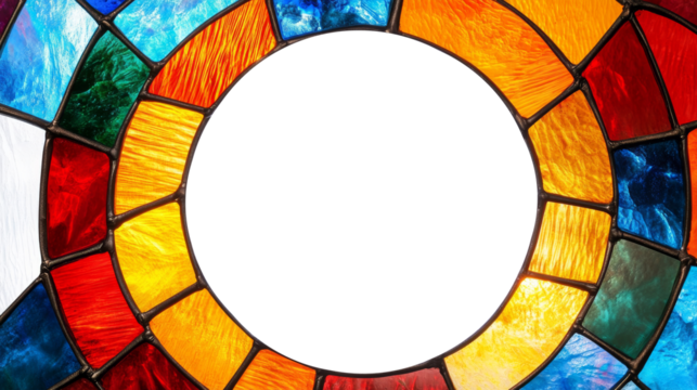 Circular stained glass window with vibrant colors and empty center. Artistic craftsmanship and design concept