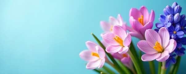 Fototapeta premium Pastel blue background features a vibrant cluster of hyacinths and crocuses , blossom, flowers