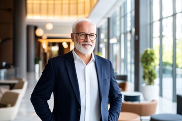 Fototapeta premium Smiling senior businessman in modern office, active senior lifestyle concept.