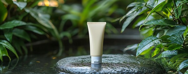 Moisturizer tube on wet stone, surrounded by lush greenery, perfect for sun protection and sunscreen cream mockups