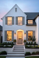 Elegant modern residence with inviting warm lights and beautiful landscaping in the evening glow, showcasing charming architectural details and a welcoming entrance