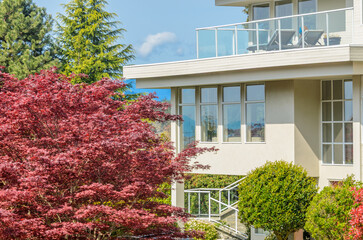 Top of luxury house with shingle roof, red and yellow trees and nice windows in Summer in Vancouver, Canada, North America. Day time on June 2024.