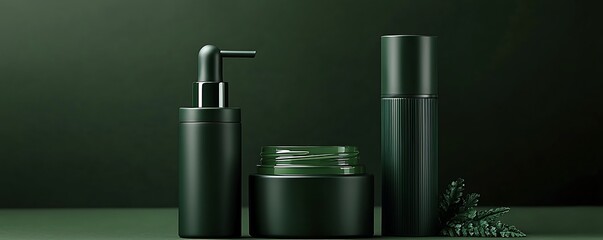Monochrome green cosmetic bottles with a dispenser and cream jar, showcasing natural organic skincare products