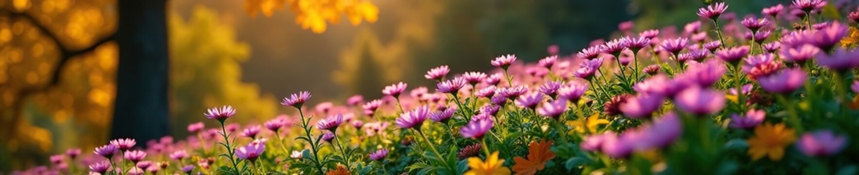 Asters in full bloom amidst fall foliage on a hillside, tree branches, greenery, autumn leaves