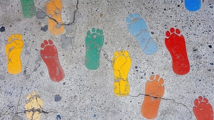 Colorful painted footprints on a textured concrete surface creating a vibrant background for artistic concepts