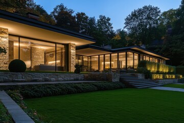 Modern house exterior illuminated at dusk surrounded by lush greenery in a serene setting offering a blend of nature and contemporary design