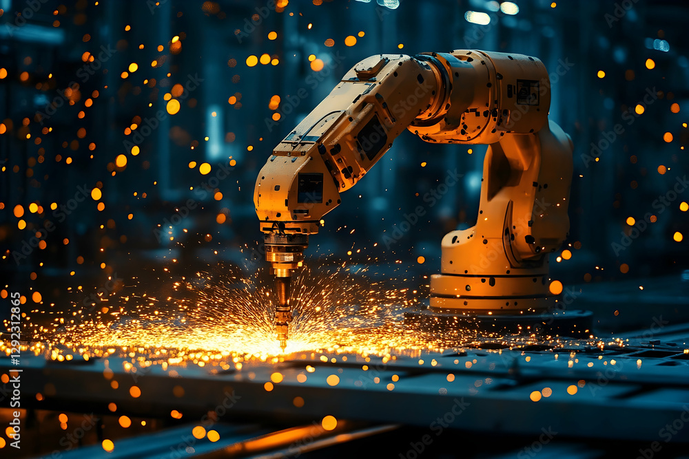 Poster robotic arm precision welding with dynamic sparks in dark factory
