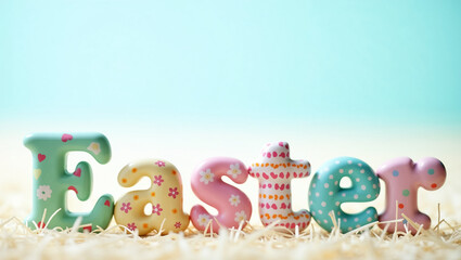 Obraz premium Colorful letters spelling Easter are arranged on a bed of straw, creating a festive atmosphere for spring celebrations. The soft blue background adds a cheerful touch, perfect for holiday promotions