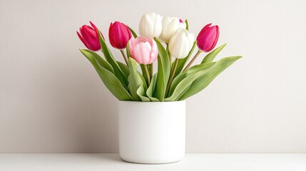 Pink and white tulips in white vase, minimalist background, home decor