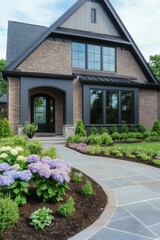 Obraz premium This beautiful brick house is complemented by contemporary landscaping and vibrant hydrangeas, creating a picturesque scene on a bright, sunny day