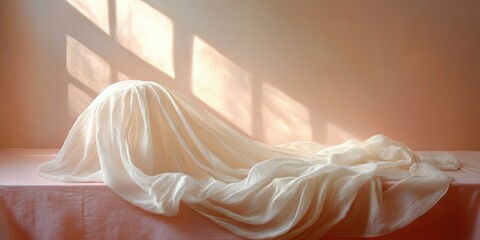 Elegant Minimalist White Cloth Still Life Display with Soft Natural Lighting and Pale Pink Background