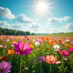 Obraz premium Sunlit field of multicolored cosmos, spring blossoms, purple, bloom