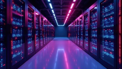 Fototapeta premium Sleek, vibrant server racks glow in futuristic data center , interior, cloud