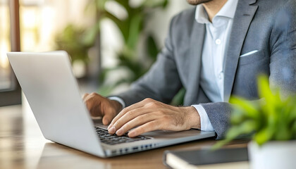 Focused businessman using laptop for work in modern office setting