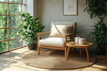 Cozy Scandinavian Living Room with Mid-Century Modern Armchair and Natural Light