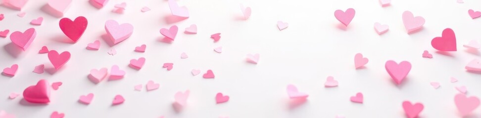 Obraz premium Delicate pink heart confetti scattered on white background, elegant, card
