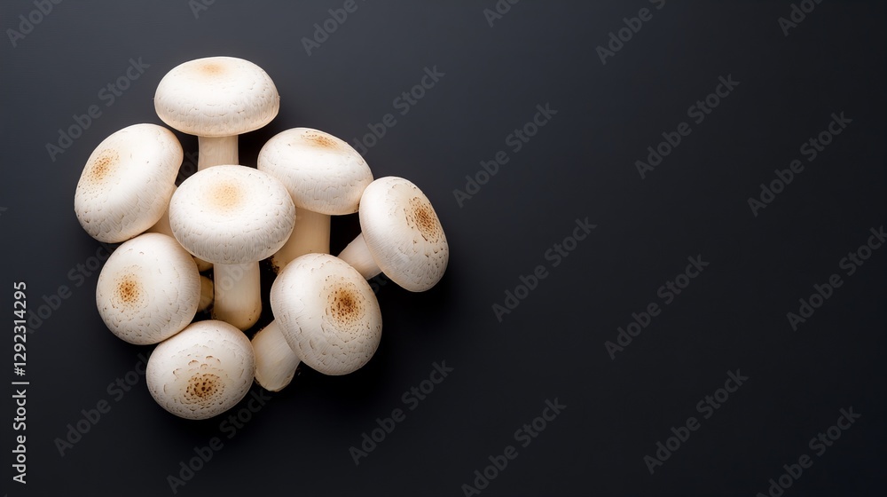 Poster a cluster of fresh white mushrooms arranged on a dark background. the subtle contrast creates a visu