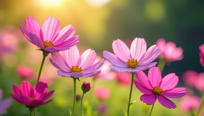 Fototapeta premium Cosmos flowers sway gently in the breeze, bathed in sunlight , field, blossom