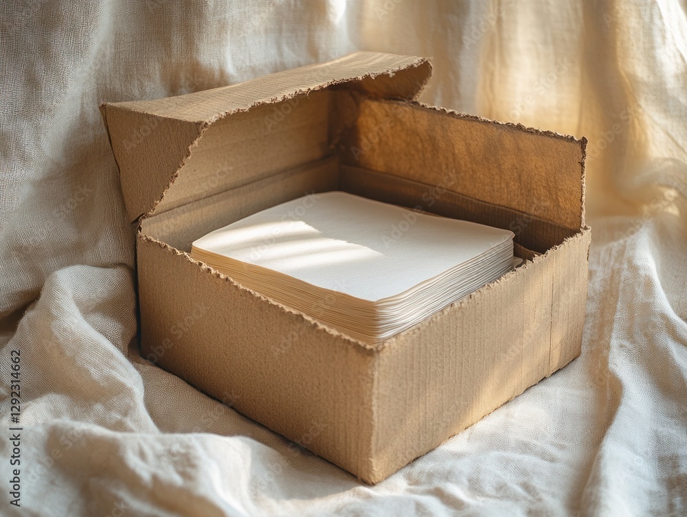 Poster minimalist still life composition open brown kraft paper box neatly folded white document soft diffu