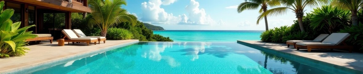 Fototapeta premium Oversized, heated saltwater pool, tropical setting, luxury, saltwater pool