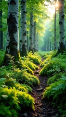 forest floor carpeted with emerald green moss and ferns under towering birch trees, ferns, moss, evening light