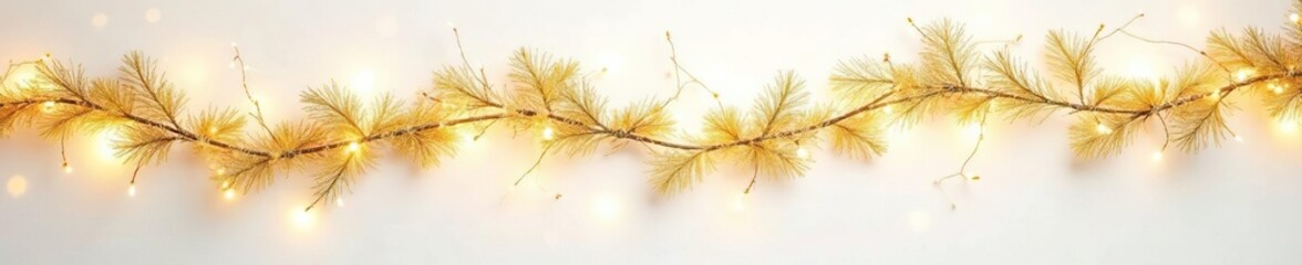 Obraz premium Sparkling gold Christmas garland on a white background, fairy lights, lanterns, gold