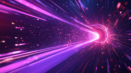 Obraz premium Fast light motion speed effect. Vector realistic illustration of abstract neon pink, purple rays, circular centric motion on black background, space travel route perspective, explosion energy warp