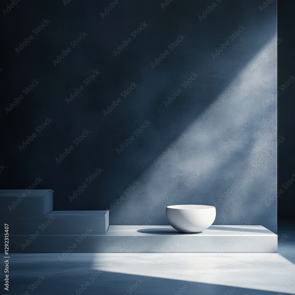 Aufkleber white bowl placed on minimalist platform illuminated by natural light in a dimly lit interior space.