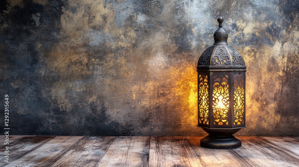 Aufkleber intricate decorative lantern casting warm light against a rustic textured backdrop in a cozy ambient