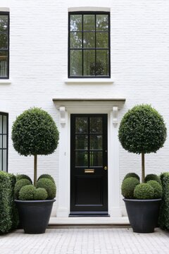 Elegant entrance of a modern house featuring symmetrical topiary and a black door framed by clean, white walls under soft daylight