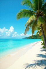 Obraz premium Turquoise water laps white sand beach Palm trees sway gently in breeze , water, texture, beach background