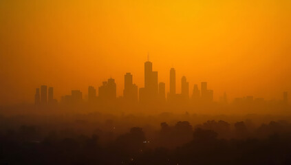 Fototapeta premium An invisible city skyline in the distance, through dense wildfire haze
