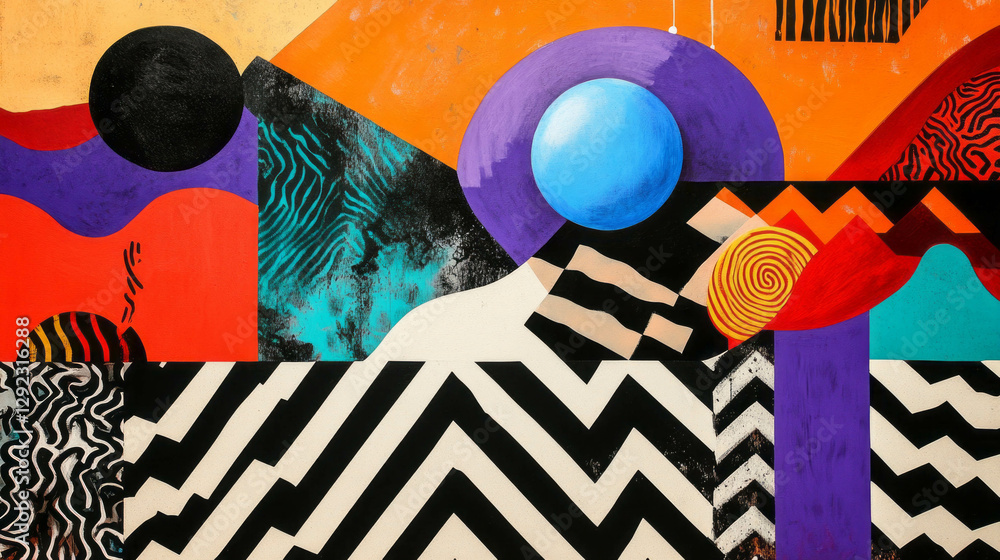 Poster vibrant abstract art with geometric shapes and bold zigzag patterns for modern design