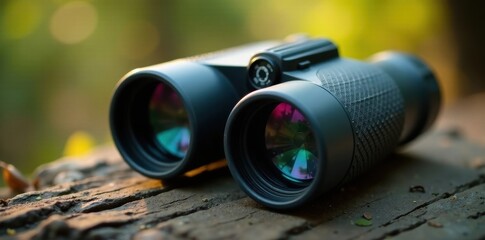Close-up of durable binoculars with textured rubber grip, detail, optics