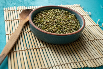 close up of fresh green thyme  a blue bowl
