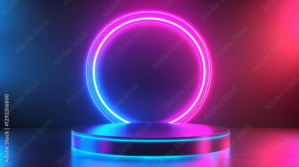 Poster podium or stand with line gradient neon in sci-fi. abstract scene with pink and blue neon frame. vec