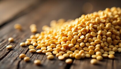 Grainy barley seeds scattered on a wooden table, farm, rustic, grains