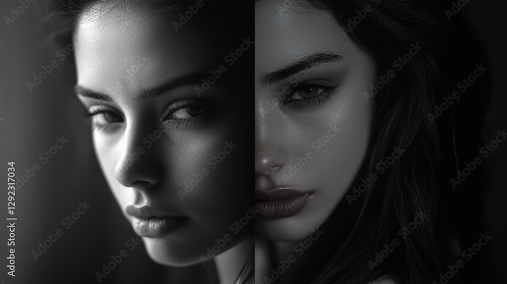 Aufkleber emotional journey from sadness to happiness illustrated through contrasting expressions in grayscale