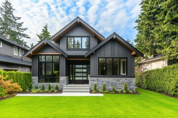 Modern house with large windows, lush garden, and contemporary design situated in a tranquil suburban neighborhood under a bright sky