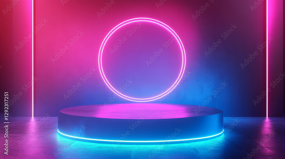 Poster podium or stand with line gradient neon in sci-fi. abstract scene with pink and blue neon frame. vec