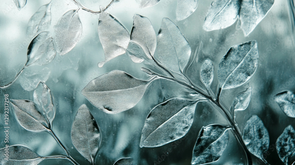 Poster glass texture with embedded leaves for nature and design projects