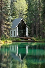 A peaceful, contemporary house is nestled by a calm lake, enveloped by vibrant green forests, all bathed in the warm glow of bright sunlight