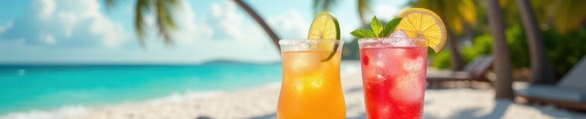 Vibrant cocktails in crushed ice, palm beach backdrop , ice, holiday, tequila